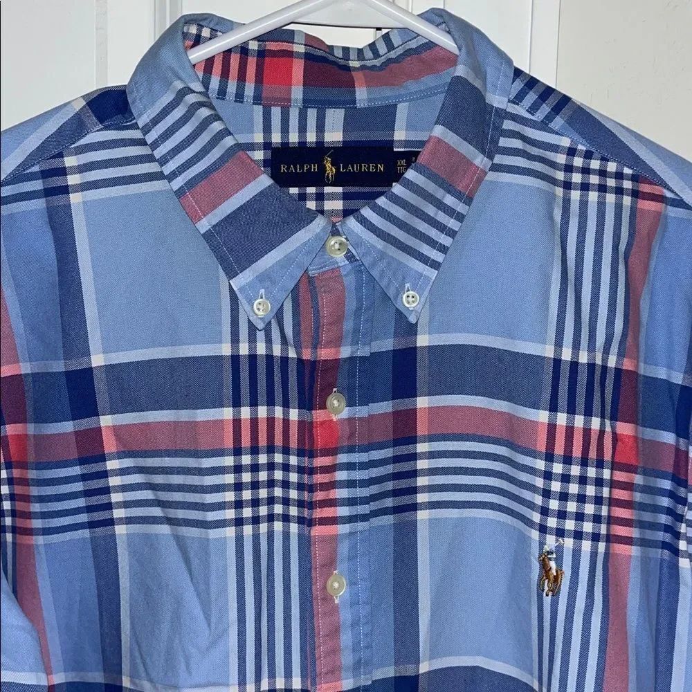 Polo Ralph Lauren Blue Pink Plaid w/Pony Long sleeve cotton shirt XXL 2XL mens